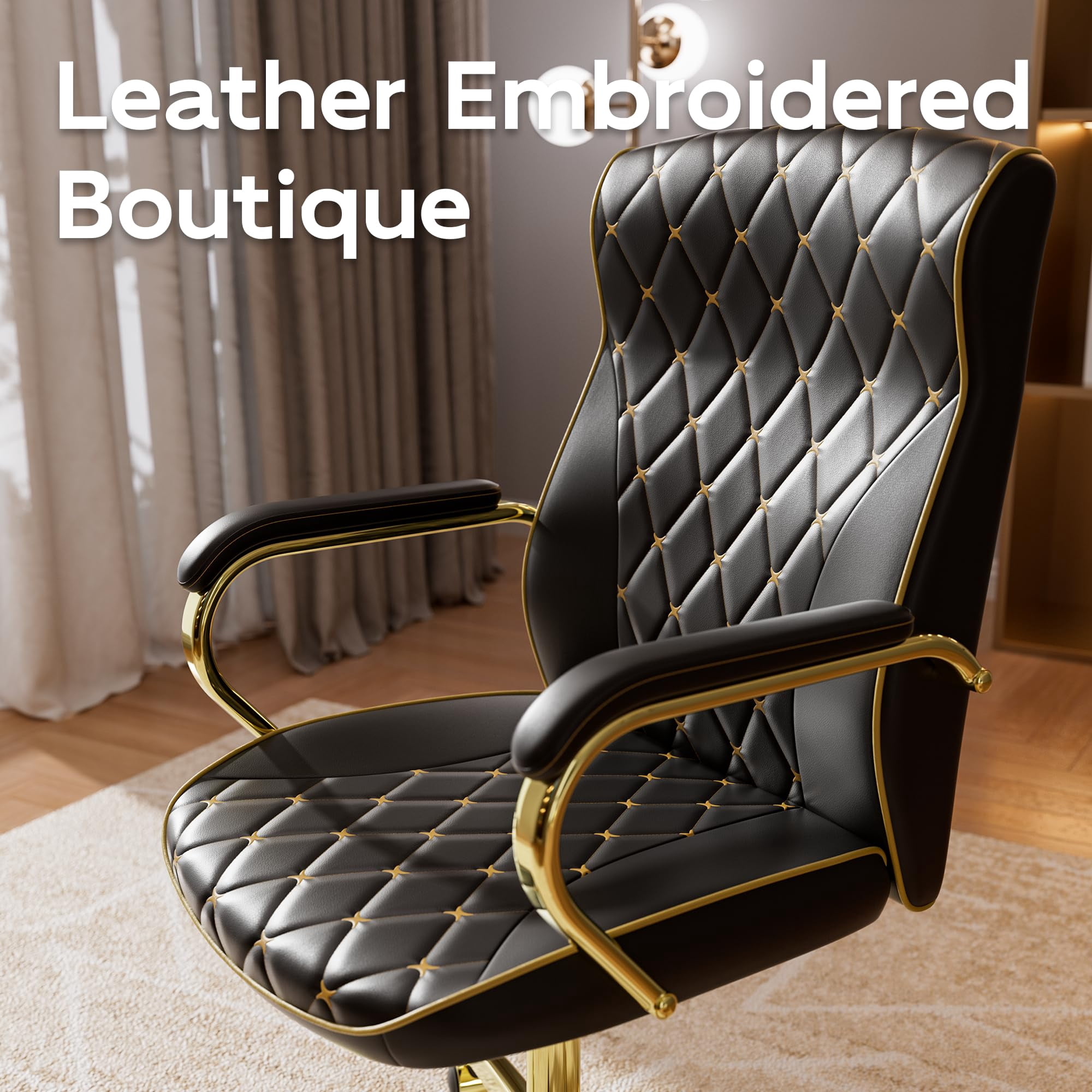 Black and Gold Office Chair with Soft Leather Embroidery, Mid Back Vintage Swivel Executive Desk Chair with Wheels and Padded Arms, Adjustable Height