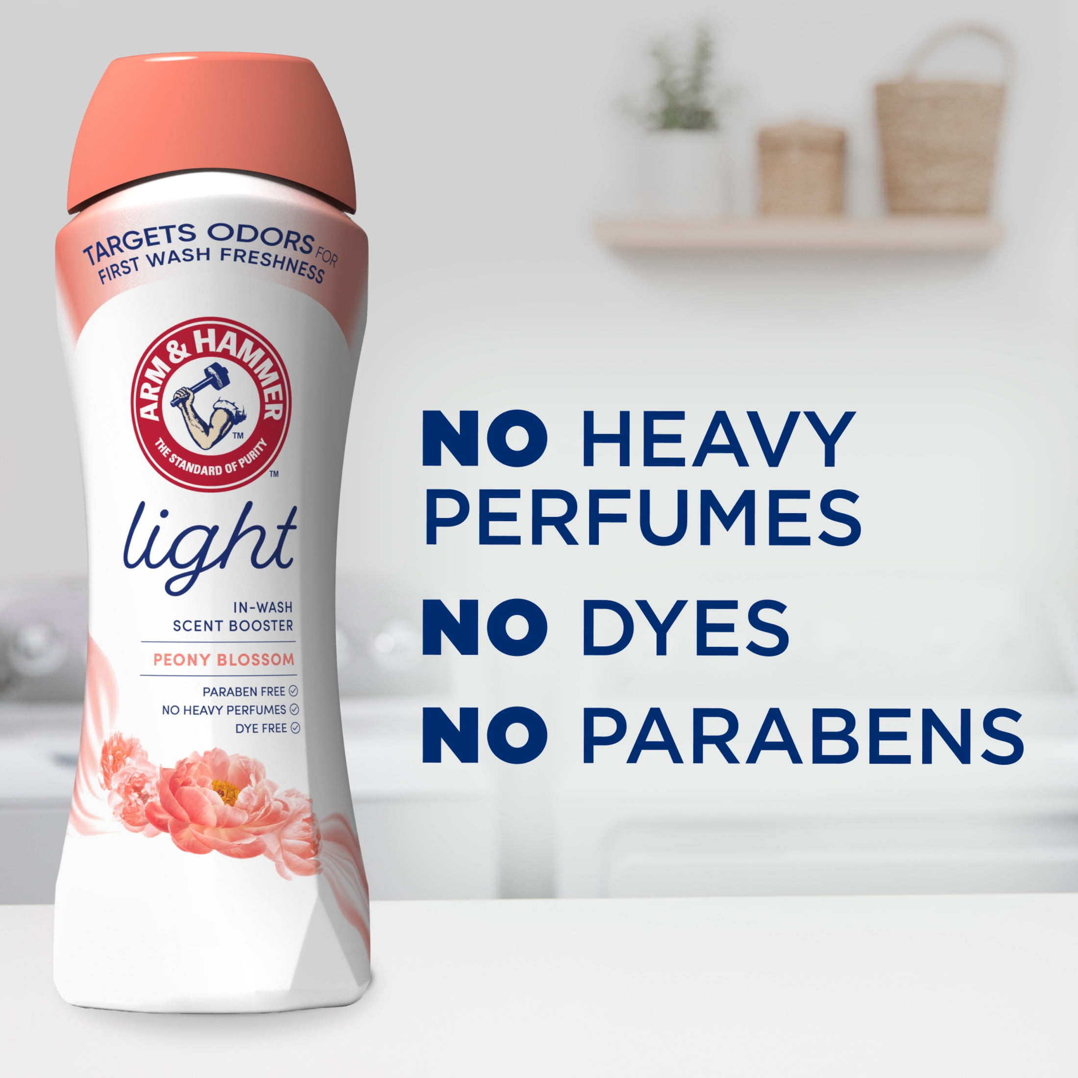 (4 pack) ARM & HAMMER Light In-Wash Scent Booster, No Heavy Perfumes, No Dyes, No Parabens, Peony Blossom Scent, 24 Oz