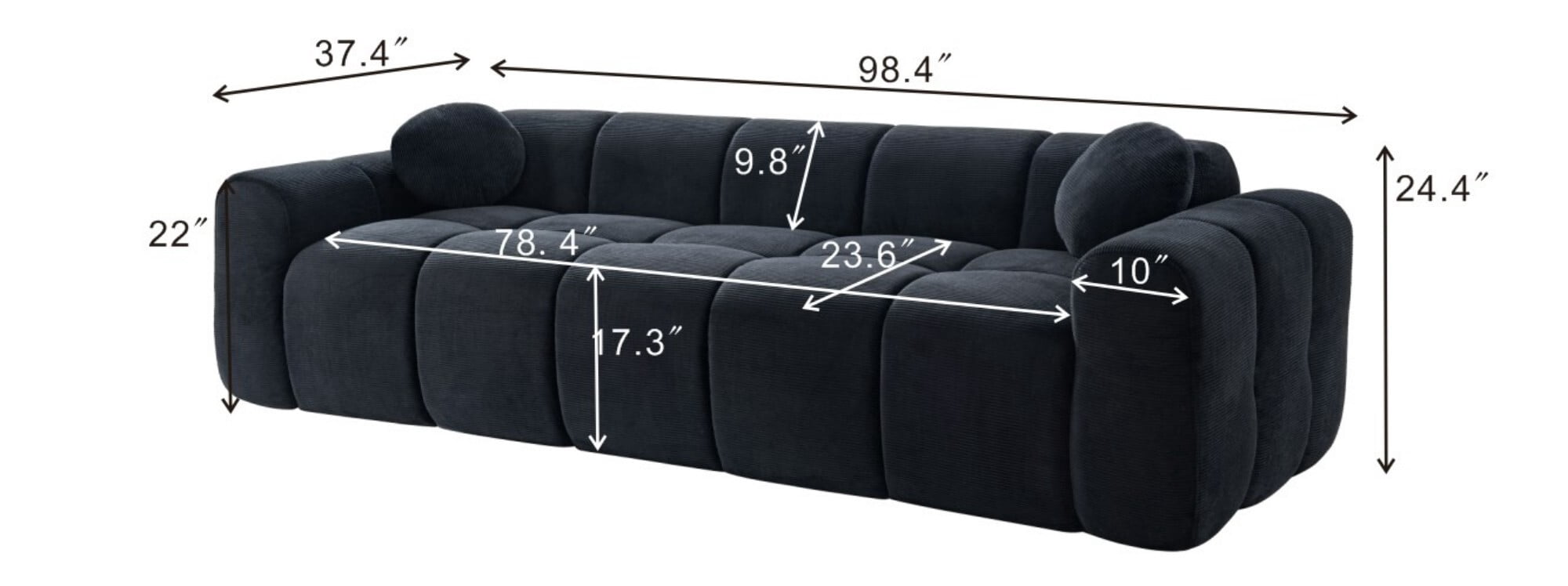AENKYO 98" Corduroy Cloud Puff Sofa, Modern 4-Seater Bubble Block Couch, No Assembly, Charcoal Black