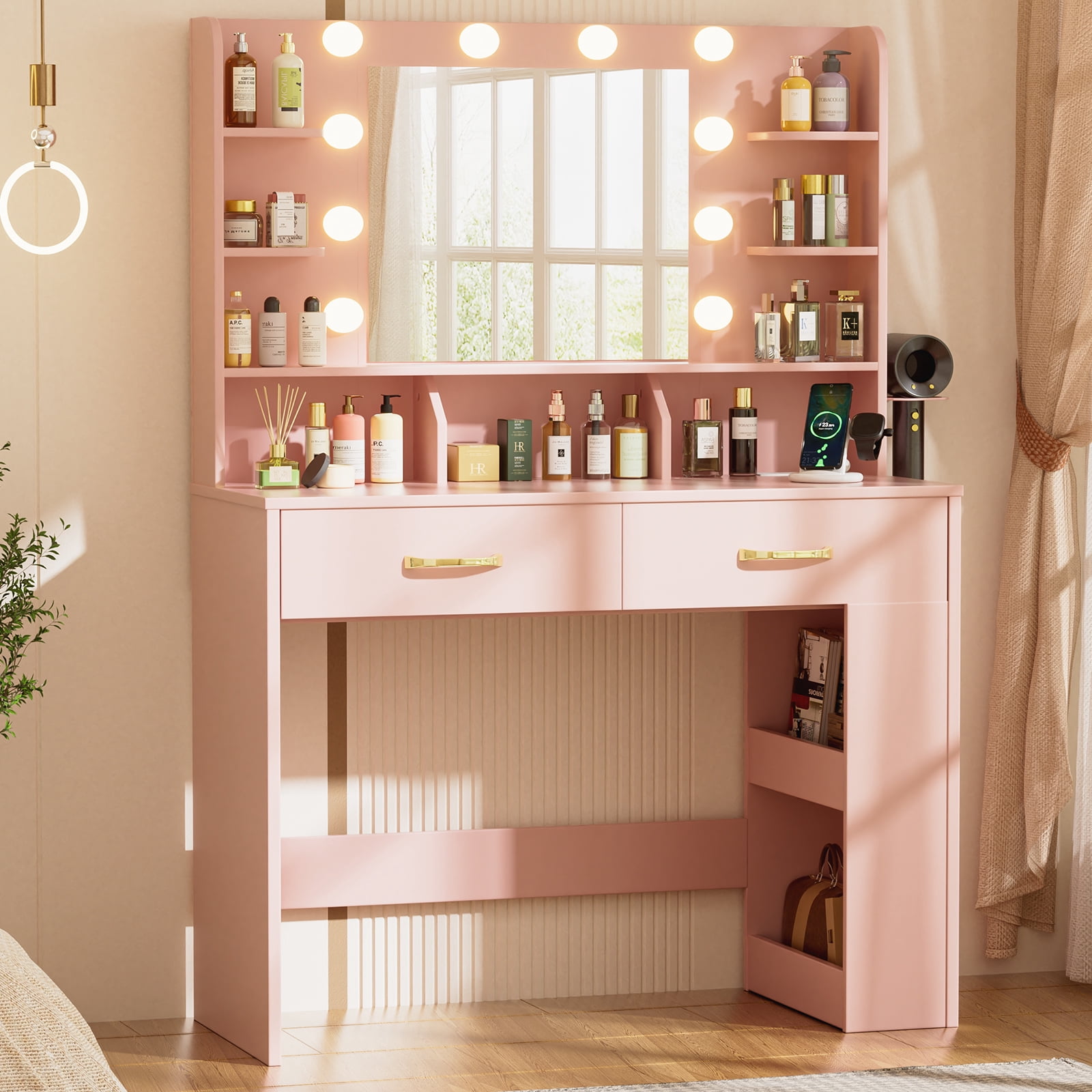 LUCKLIFE Vanity Desk with LED Lights Mirror & Power Outlet,Makeup Vanity Table for Women Girls Bedroom, Pink