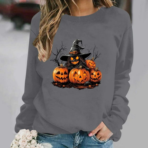 Womens Sweatshirts Plus Size Halloween Printed Long-sleeved Round-neck Loose Casual Sweatshirt,Tops for Women