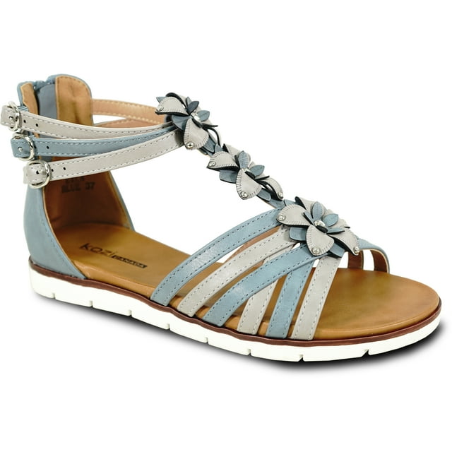 kozi Sandale Plate Confortable pour Femme LILA Élégante Gladiateur Sandale Habillée à Bride Fleur Ouverte Bout Rond Bleu Taille 9