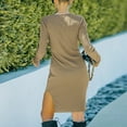 thumbnail image 4 of Vestido elástico estilo cruzado con pliegue en la cintura y lazo para el trabajo o citas, talla L, cuello en V, manga larga, color caqui, 4 of 6