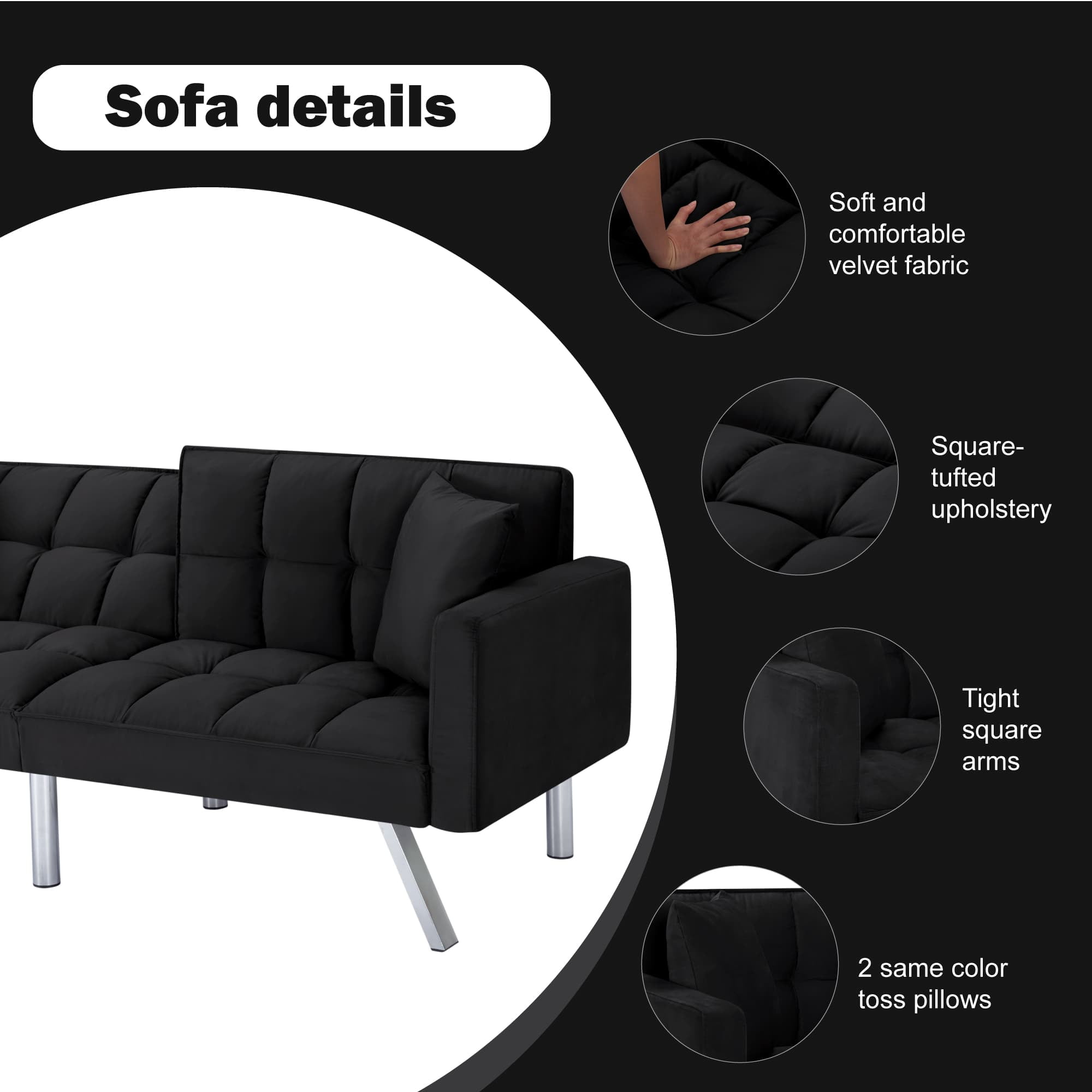 BSHTI Velvet Futon Sofa Bed 74” Convertible Sleeper – Split-Back 3-Position Adjustable, Solid Wood Frame, 2 Pillows, Easy Assembly, for Living Room Office Guest Room(Black)