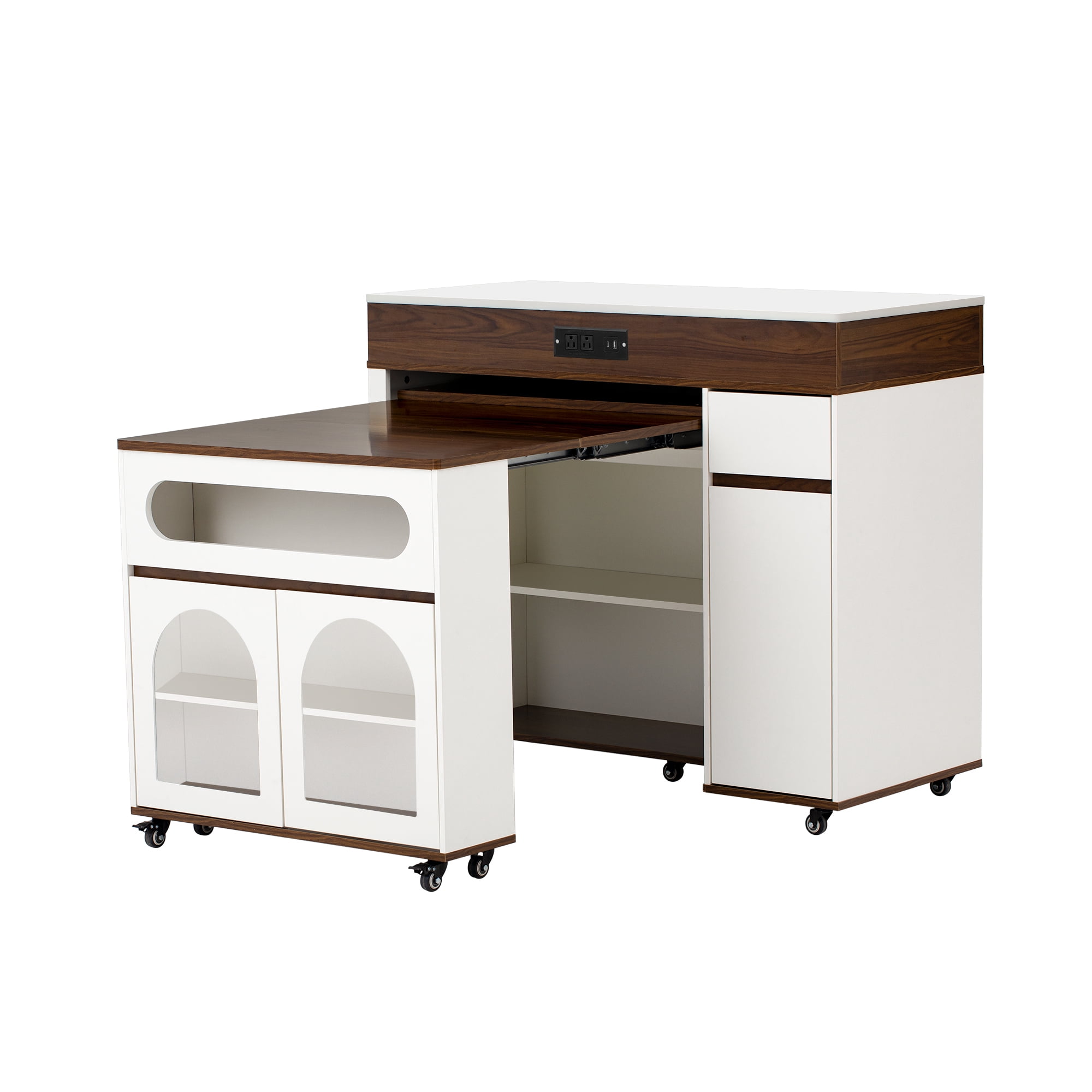 MODERNLUXE Extendable Dining Table with Extra-Long Folding Tabletop, Rolling Kitchen Island with Drawers,Power Outlet and Brake lock, Sideboard Storage Cabinet for Kitchen, Dining Room,Walnut