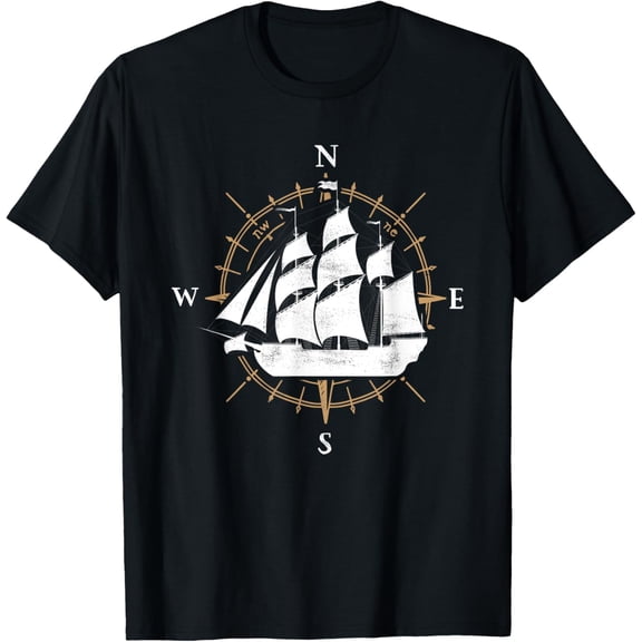 Compass Sailing Ship Boat Sailor Nautic T-Shirt men and women can wear, black, white, gifts