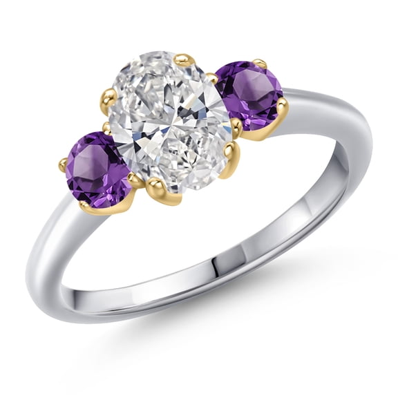 Gem Stone King 1.50cttw 10K White Gold IGI Certified Lab Grown Diamond and Purple Amethyst 3-Stone Engagement Ring for Women | Center 1.00 Ct Diamond | E-F Color | VS1-VS2 Clarity | Size 5