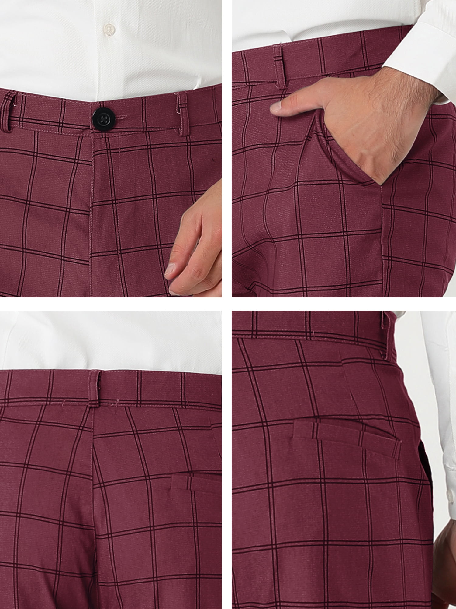 Unique Bargains Men's Slim Fit Plaid Business Pants Trousers with Pockets 32 Burgundy