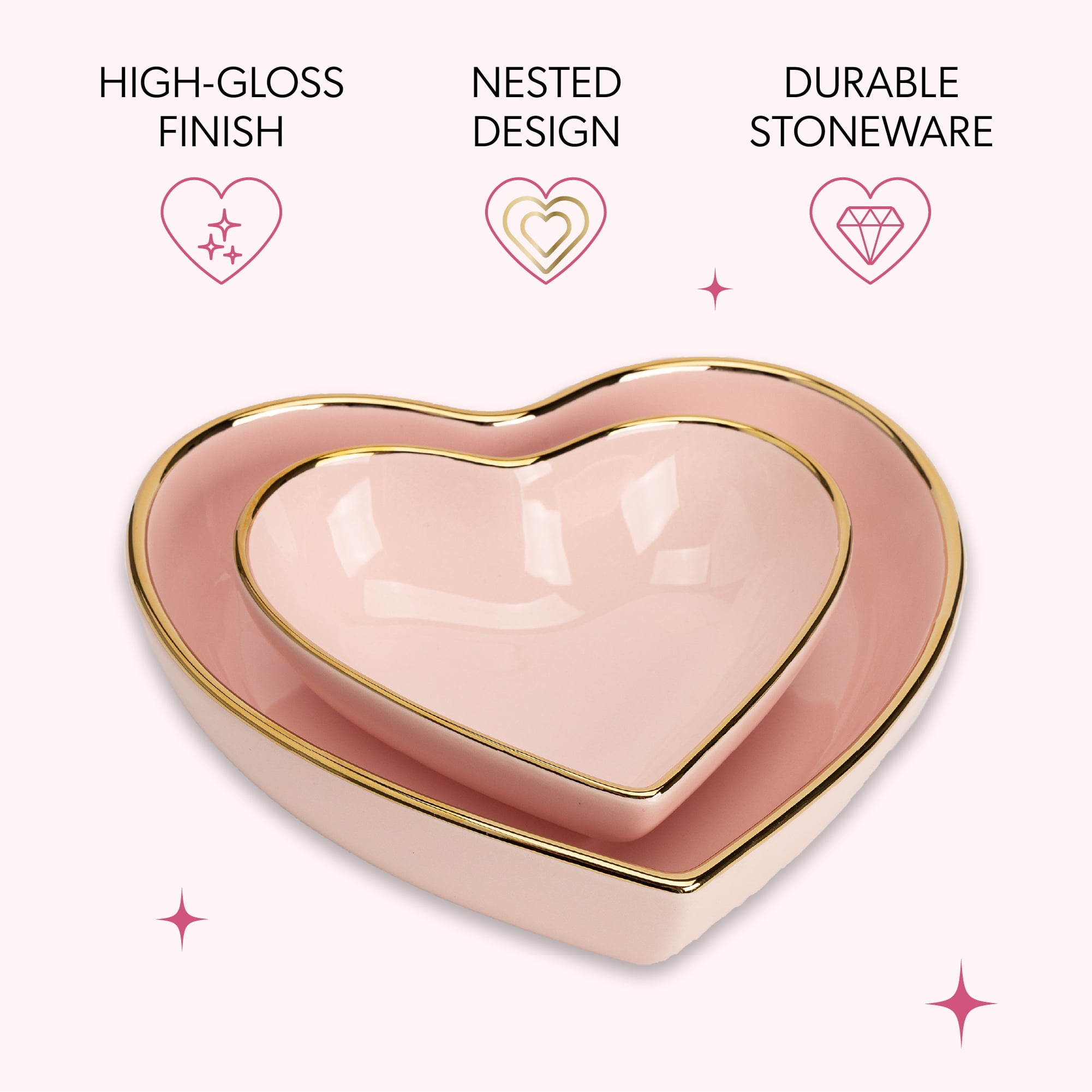 Paris Hilton 2-Piece Stoneware Heart Shaped Dish Set, Gold-Tone Rim, 6-Inch and 8-Inch Dishes, Dishwasher Safe, Pink