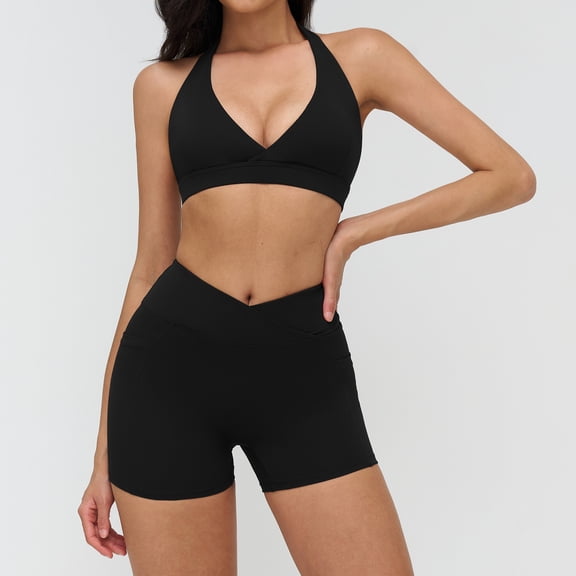 PISONIC Workout Sets for Women Crossover High Waist Biker Shorts Sports Bra 2 Piece Gym Yoga Outfits
