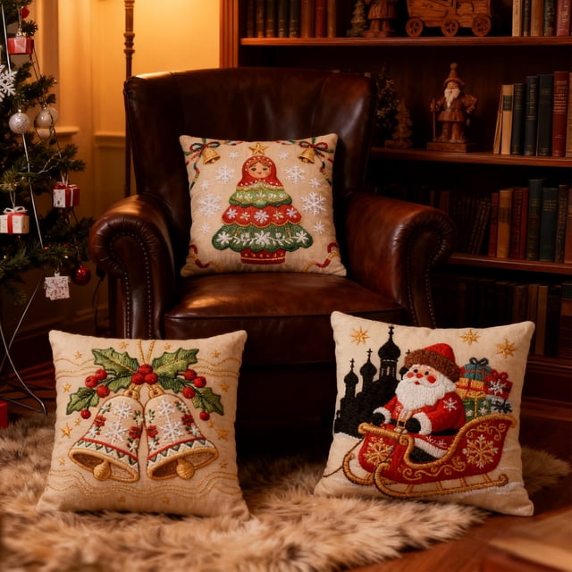 Juego de 3 fundas de almohada decorativas navideñas | Fundas de almohada cuadradas de lino de 45 x 45 cm