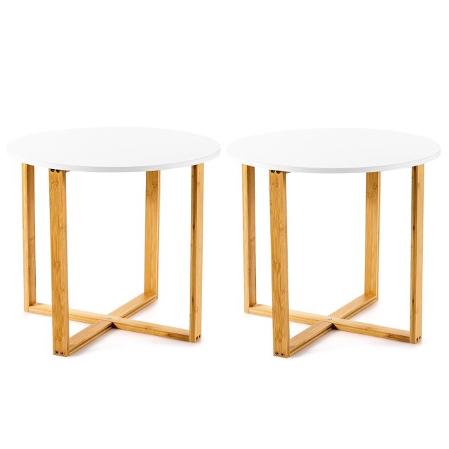 Costway 2PCS Round End Table Nightstand Coffee Accent Table Bamboo Leg Easy Assembly