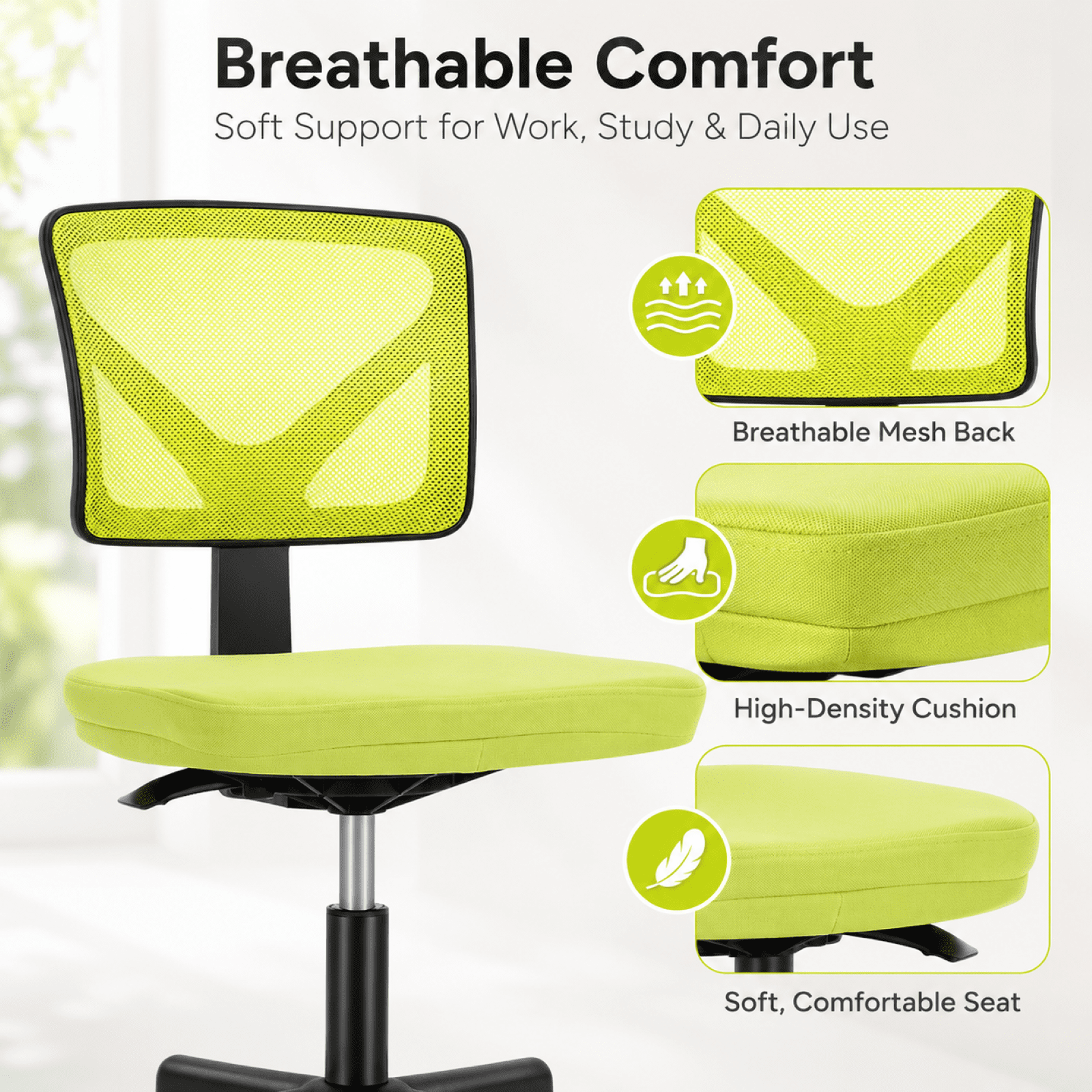 Kelno Small Desk Chair with Wheels Adjustable Computer Desk Chair with Lumbar Support Mesh Ergonomic Low-Back Office Chair, Green