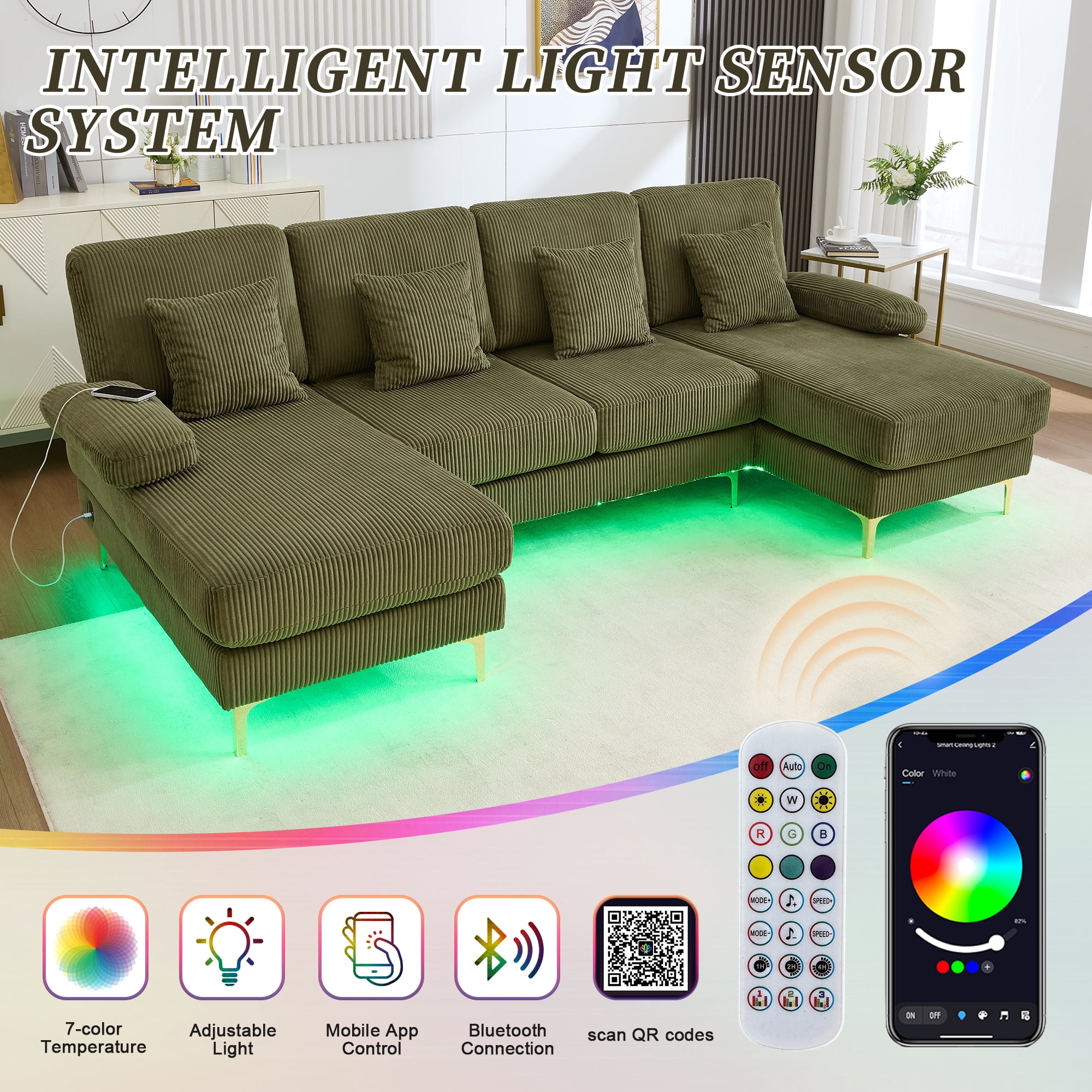 Homefun U-Shaped Corduroy Sectional Sofa 4-Seat with 2 Chaise Large Couches with USB Intelligent Lighting