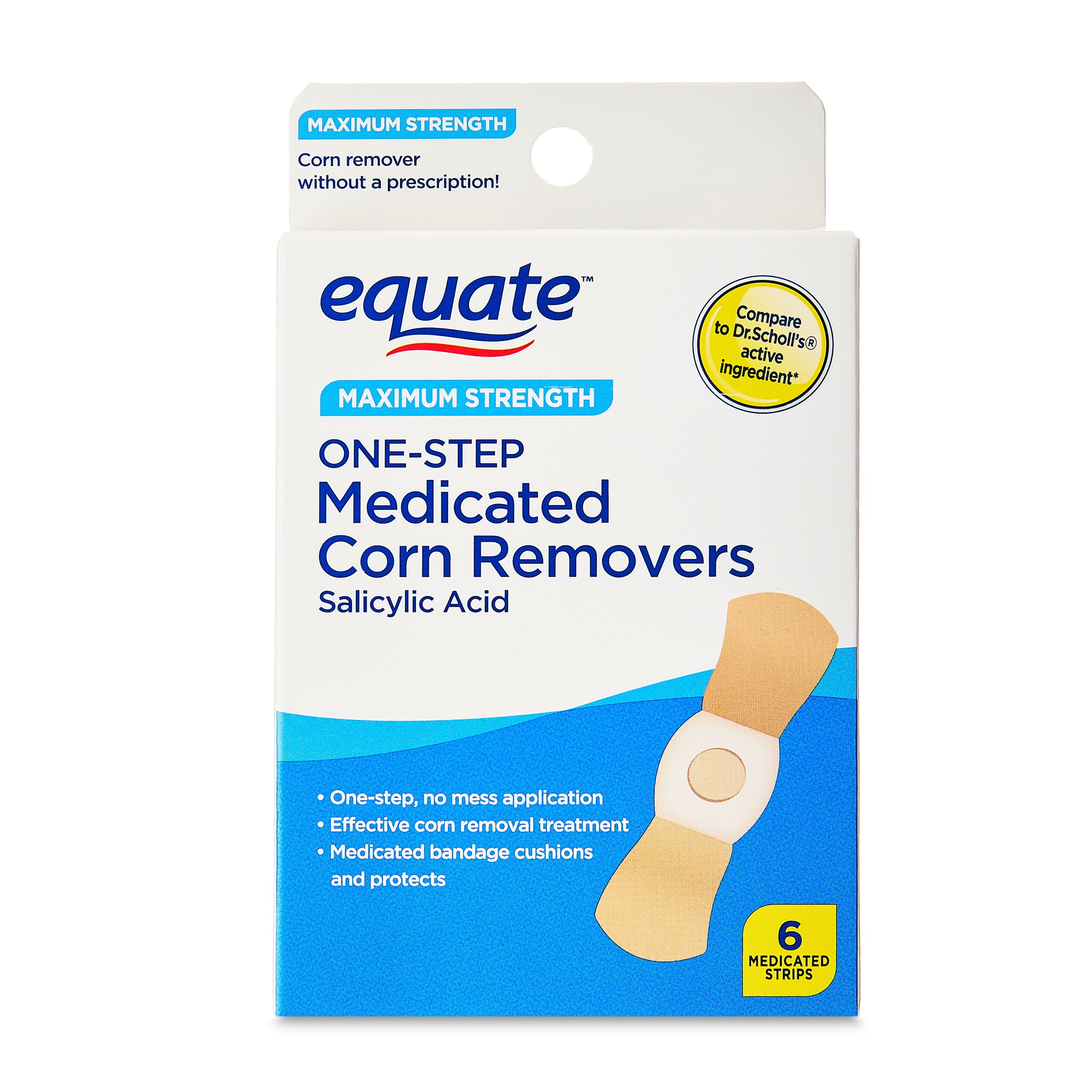 Equate Maximum Strength One-Step Medicated Salicylic Acid Corn Remover Strips, 6 Count, Compare to Dr Scholl's® Active Ingedient