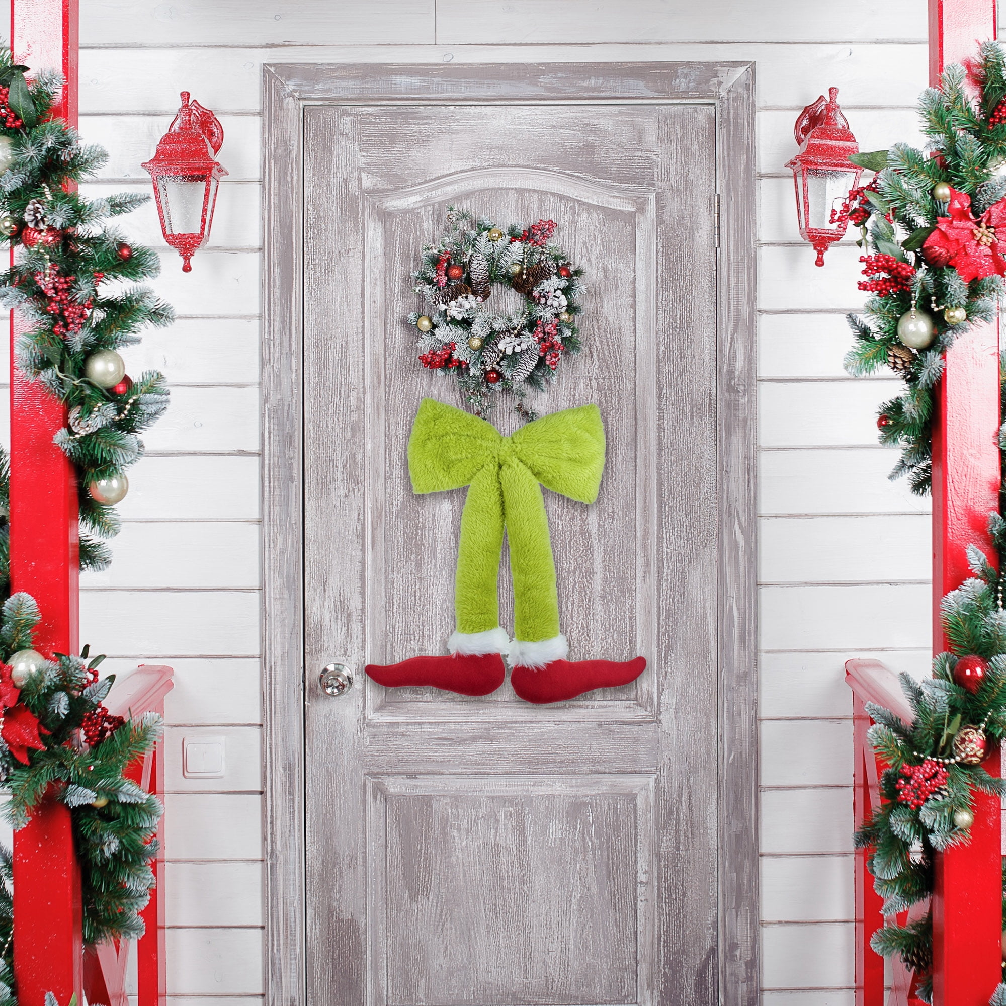Dr. Seuss The Grinch Fuzzy Bow Hanging Decoration with Elf Shoes, 12‑Inch, How the Grinch Stole Christmas