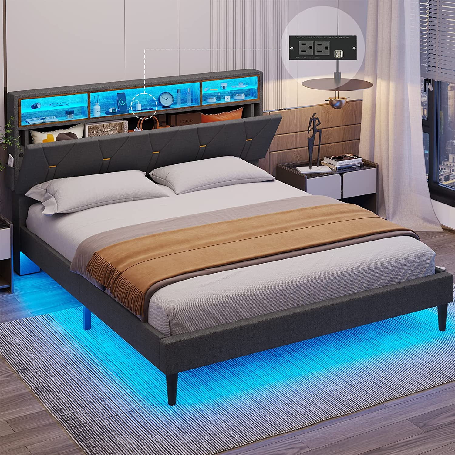 Queen Size Bed Frame With LED Lights & Bookcase Headboard, Upholstered ...