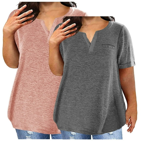 2pc Womens Plus Size T-Shirts Cotton Short Sleeve T Shirts Women Loose Summer Shirts Comfy Solid Color Tshirts (Dark Gray 5XL)