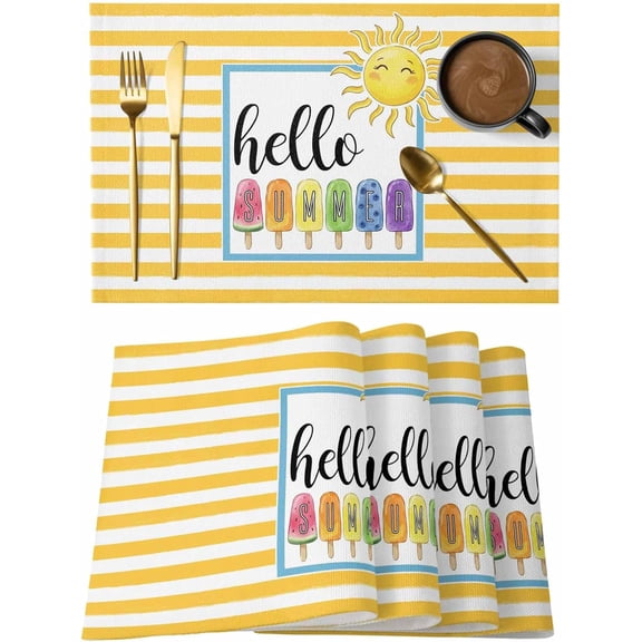 Washable Placemats Set of 4, Hello Summer Sun Watermelon Purple Blue Place Mat Yellow Stripes Kitchen Dining Table Mats for Indoor Outdoor Party Decor