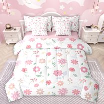 Manfei Cute Daisy 7-Piece Bedding Comforter Set,Kawaii Flower King Bedding Sets,Pink Floral Blossom Bed Sheets For Gitls Teens,Breathable Home Decor Reversible
