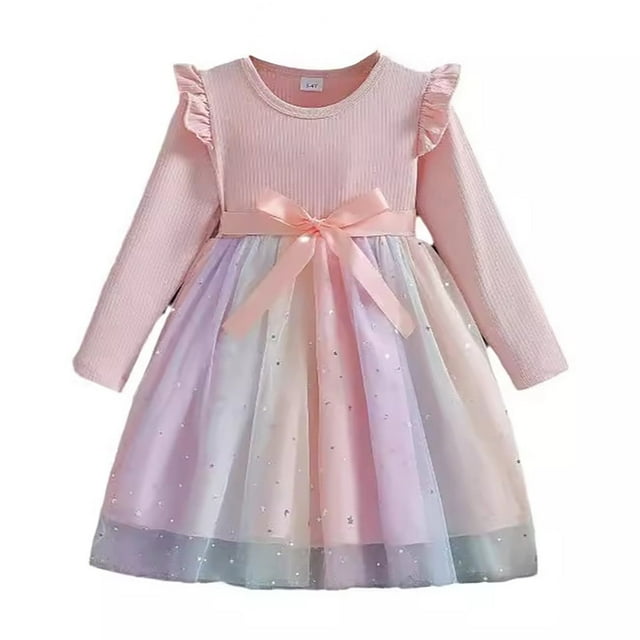 Xijirk Girls Long Sleeve Bow Dress Ruffle Crew Neck Mesh Princess Dress,Size 3-4 Years