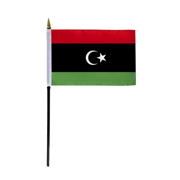 AGAS Libya Flag 4x6 inch - 11" Plastic Pole 100% Polyester Stitched Edges Libyan National Mini Flag on a Stick