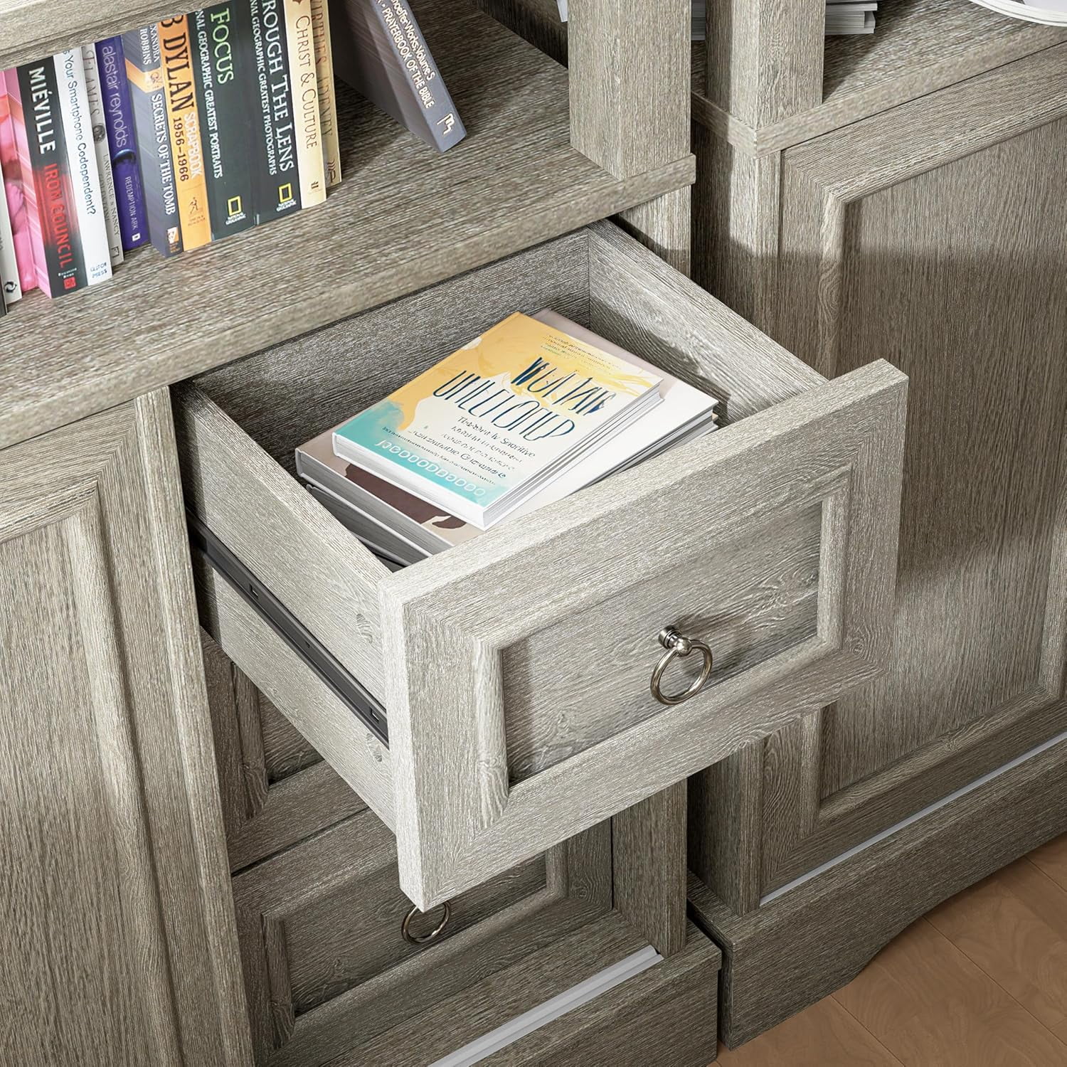 Vabches Kitchen Pantry Storage Cabinet with 3 Drawers, Vintage Floor Cabinet with Adjustable Shelves and Open Shelves for Kitchen,Living Room,Home Office