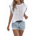 thumbnail image 3 of Women Cap Sleeve Tops Summer Crew Neck Shirt Crochet Knit Sweater White XL, 3 of 9