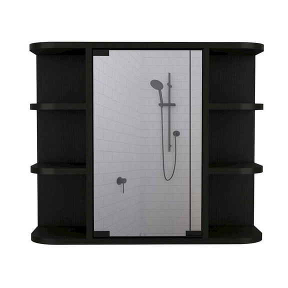 24" Black Wall Mounted Mirrored Cabinet With Four Shelves