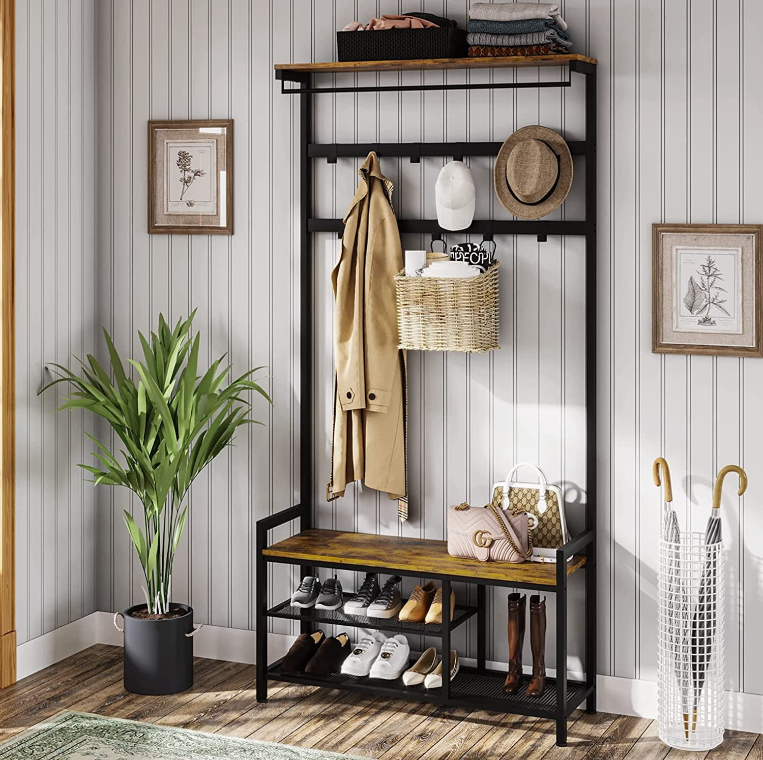 Brown Metal Tripod Coat Hat Rack Freestanding Home Living Entryway Furniture 