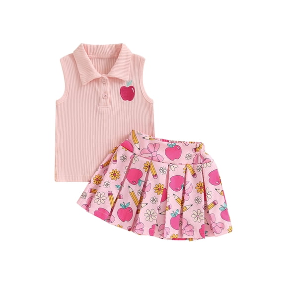 RUINIXCW Toddler Baby Girl 100 Days Back to School Outfit Kids Summer Kindergarten Outfits Girls First Day of School Outfit Apple Embroidery Lapel Tank Tops and Pleated Skirt Set