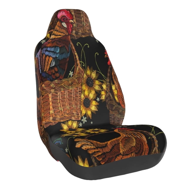Wukai Embroidery Chicken Rooster Full Set Car Seat Covers with Soft Padding Universal Auto Front Seats Protector and Cushion Mat