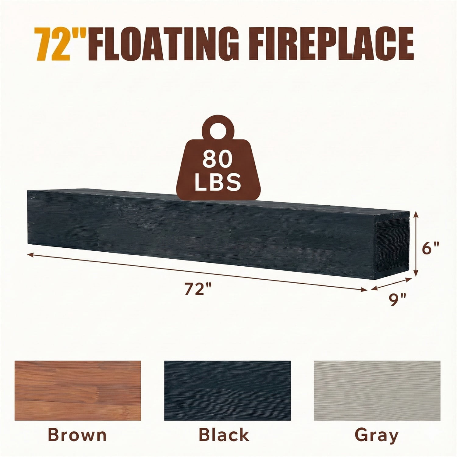 Hommoo 72" Rustic Wood Fireplace Mantel Wall-Mounted & Floating Shelf for Home Decor, Black