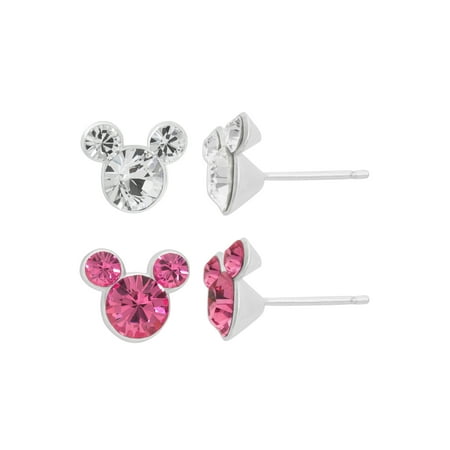 Disney Mickey Mouse Sterling Silver Pink and Clear Crystal Stud Earrings Set