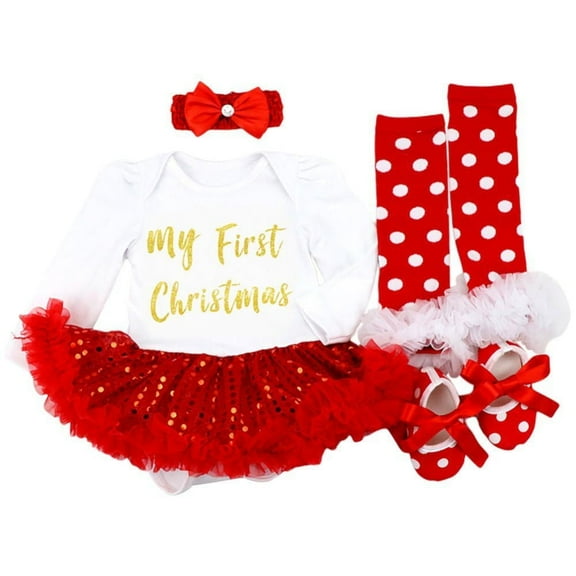 Baby Girls Christmas Outfits Clothes Newborn My First Christmas Romper Tutu Dress Headband Leg Warmer Shoes Toddler Clothing 4pcs/set 0-18 Months