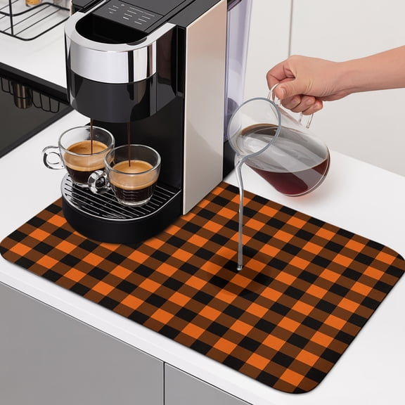 Diatomaceous Dish Drying Mat for Kitchen Counter,Fall Orange Black Plaid Absorbent Dishes Drainer Pad Coffee Mats Bar Accessories Halloween Minimalist Buffalo Check Dish Drying Pad,16x18in