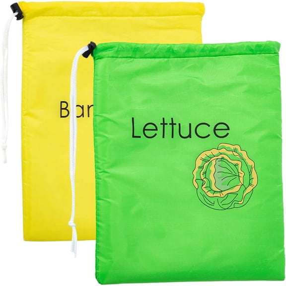 2Pcs Banana Bag with Drawstring, 14x11in Reusable Vegetable Bags for Refrigerator with Foil Lining, Washable Fridge Fruit Fresh Bags for Bananas and Lettuce
