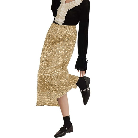 RUTAYY Women A-Line Glitter Sequin Pleated Skirt Mid-Length Elegant Festive Pleated Skirt Solid Color Flowy Swing Pleated Beach Skirts