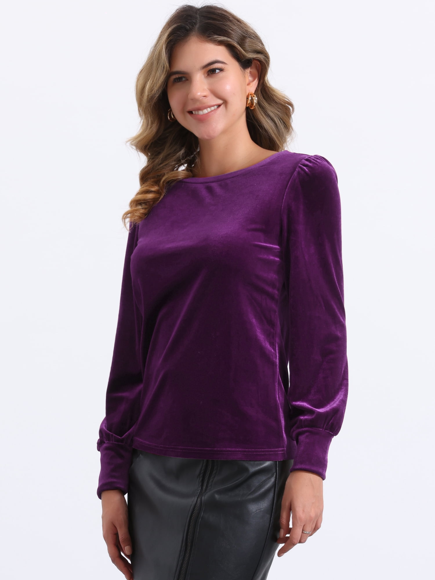 DARING DIVA Women's Velvet Crew Neck Puff Long Sleeve Blouses XL Purple