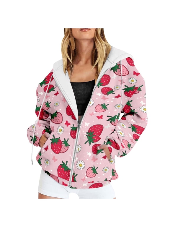 Zip Up Hoodie for Women Cutecore Strawberry Daisy Floral Graphic Hooded Sweatshirt Drop Shoulder Jacket Streetwear Y2K Outerwear Loose Fit Top Pink L