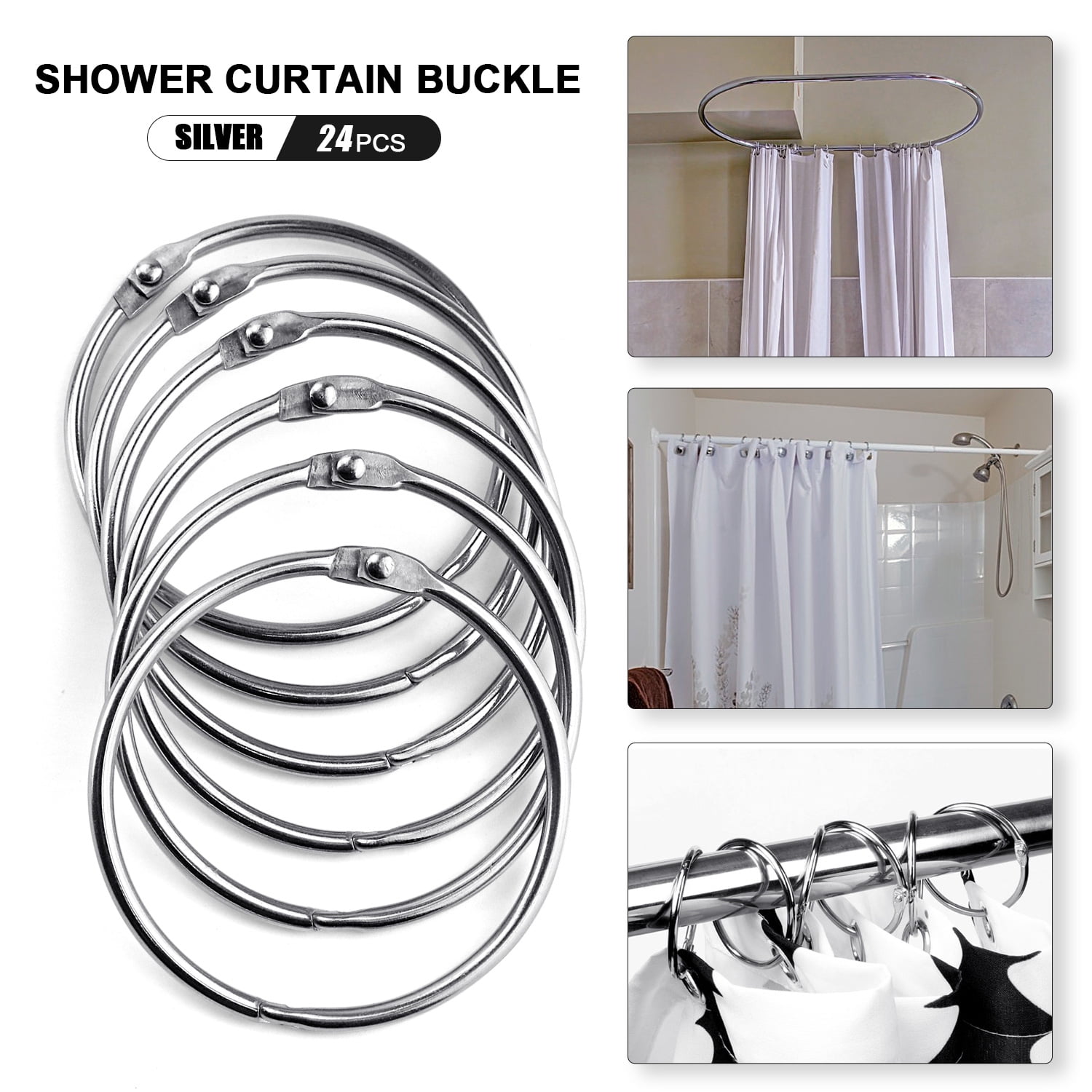 POLIWELL 24 Pack Silver Shower Curtain Rings,Metal Round Hooks for