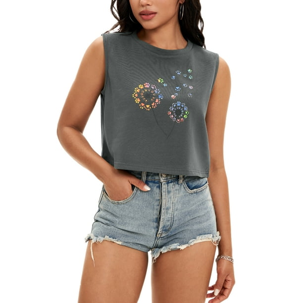 ATHLECHIC Camiseta sin mangas básica de cuello redondo para mujeres, color gris oscuro