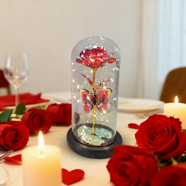 Adorno de mariposa LED con luz nocturna de rosa preservada | Decoración de mesa con flores artificiales doradas – Multicolor, 22 cm, plástico, romántico detalle para el hogar, regalo navideño