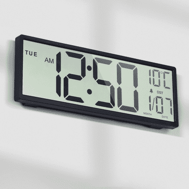LEIKE 15" Digital Wall Clock Battery Operated Large Display with Date and Day of Week, Large Number with Temperature, Auto DST, Alarm, Snooze, 12/24H for Desk Office