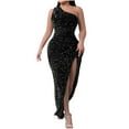thumbnail image 2 of BLTIBY Women Sequin Evening Dress Hip Wrap V-Neck One Shoulder Ruched Waist Sleeveless Glitter Cocktail Party Slim Fit Formal Gowns with High Split Black M, 2 of 6