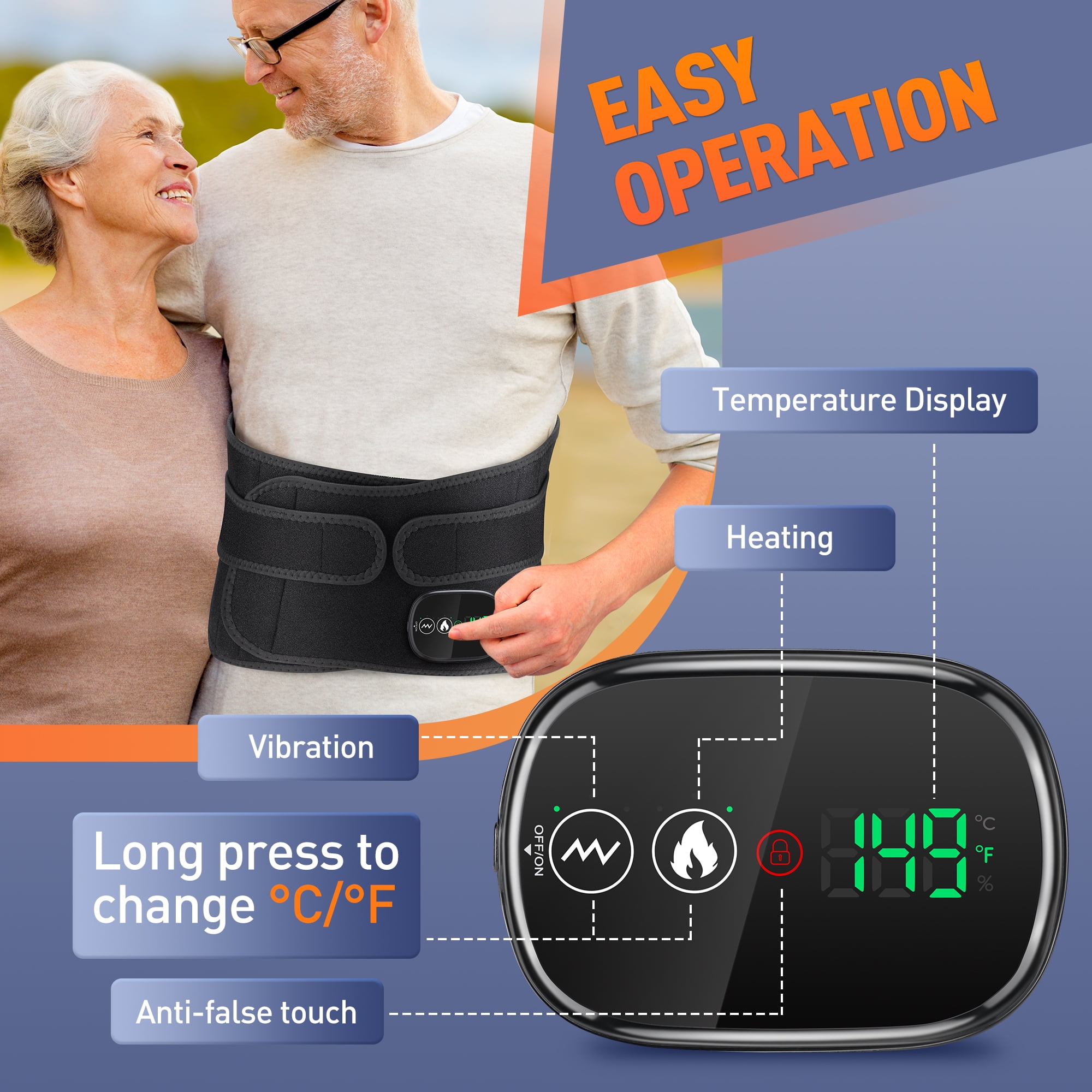Waist Heated Massager, Lower Back Heating Pad with Led Light & Massage, Back Heated Massage Brace Wrap with 3 Heating & Vibration, 30min Auto Off, 5000mAh Battery, Extension Strap, Black