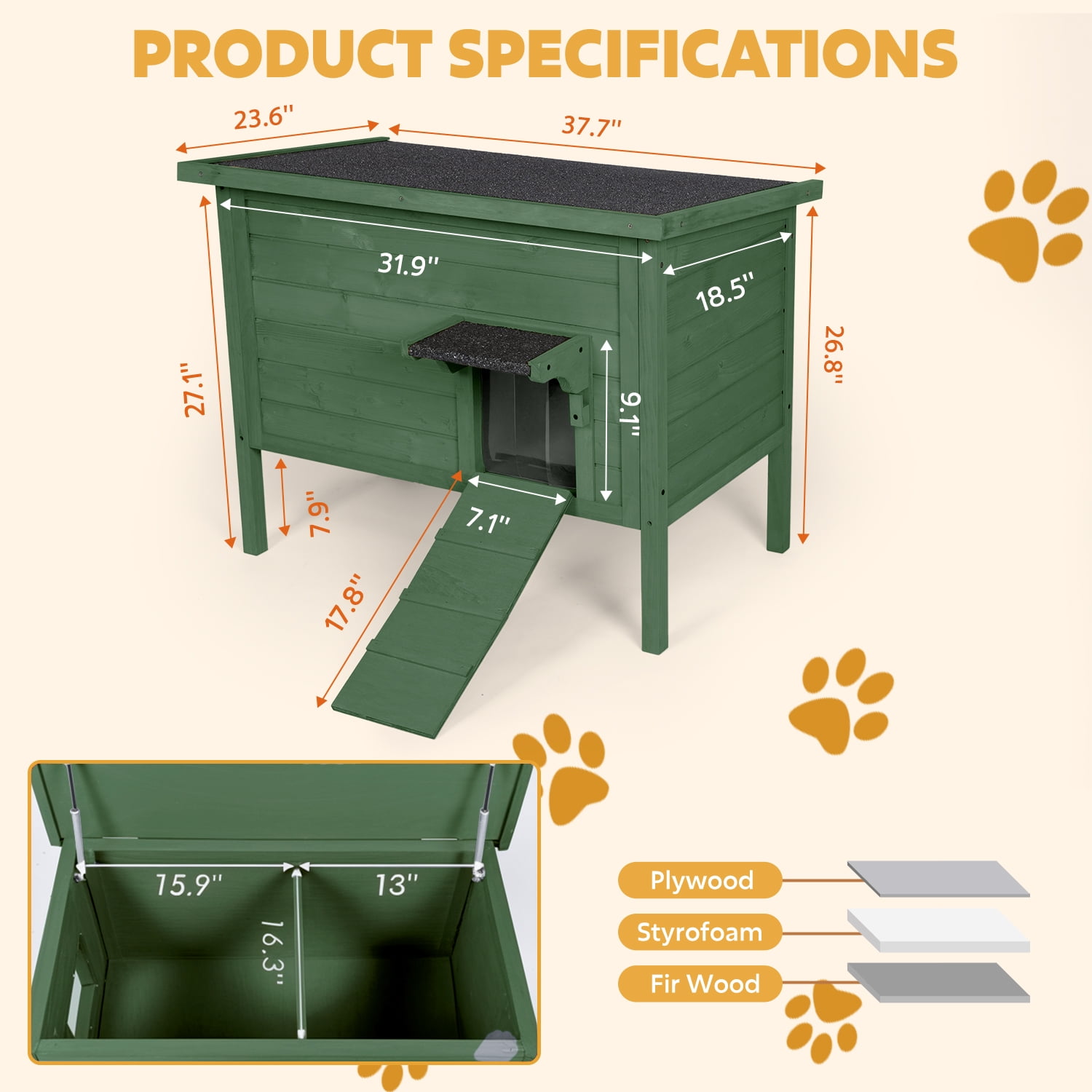 Hidpriva Insulated Wooden Outdoor Cat House, Weather-Resistant Feral Cat Shelter for Winter w/ Foldable Ladder & Visible Window, Dark Green