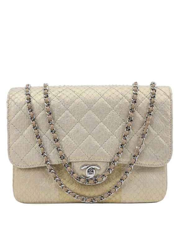 Pre-Owned Chanel Timeless Classic Flap Quilted Python Leather Shoulder Bag Gold