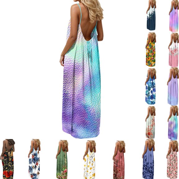 Elvqul Womens Maxi Dress Summer Dresses Scoop Neck Pullover Flowy Beach Sleeveless Dresses for Women Boho, Sizes S-5X