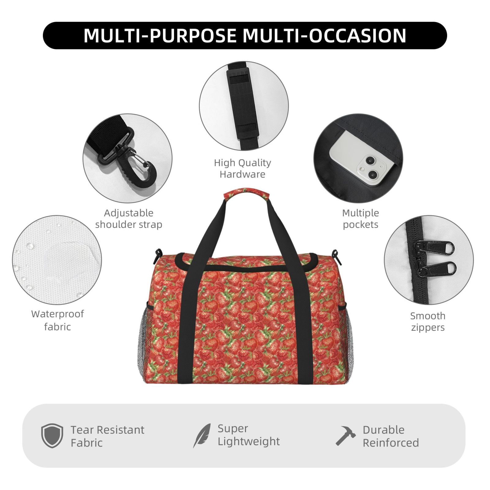 Fuzoiu Strawberry Print Travel Duffle Bag,Carry On Tote Bags,Duffel Bag,Sport Gym Bag, Hospital Bag for Labor and Delivery, Overnight Bag,Luggage Bag